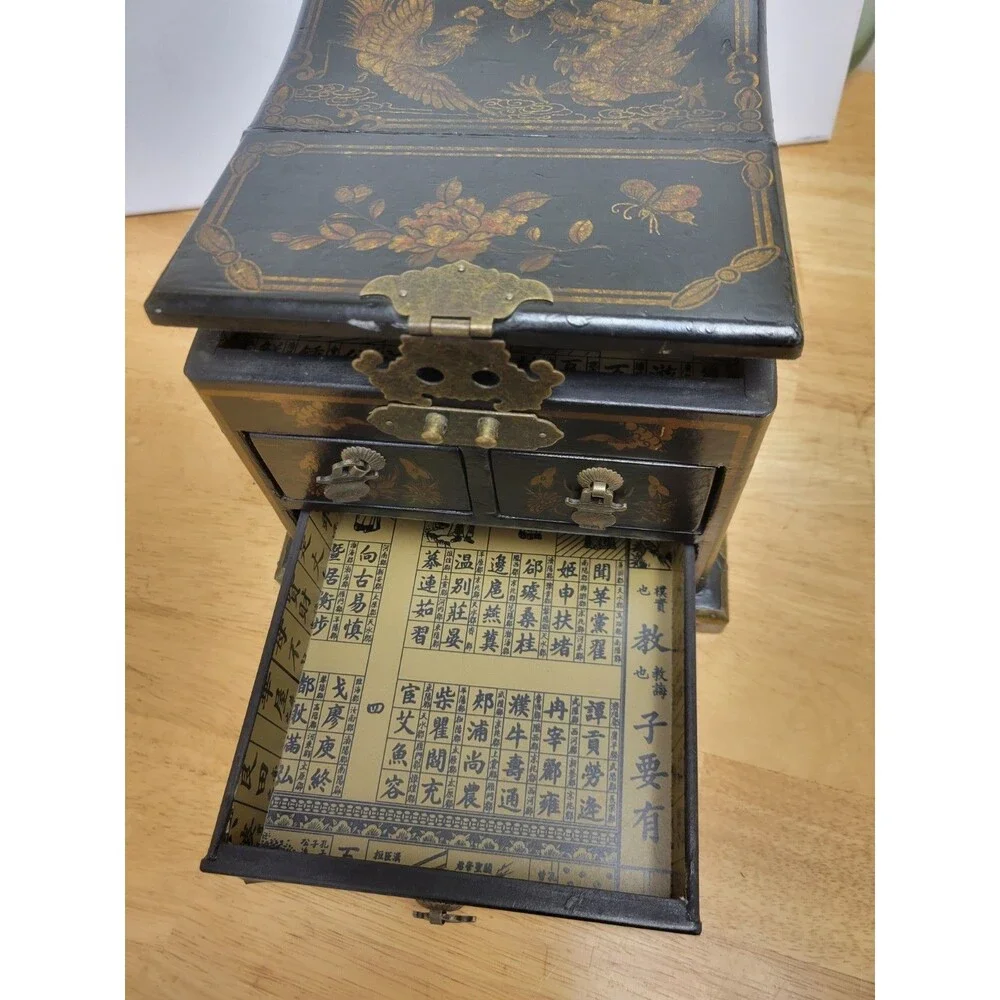Vintage Wooden Black Gold Chinese Dragon Phoenix Mirrored Jewelry Box